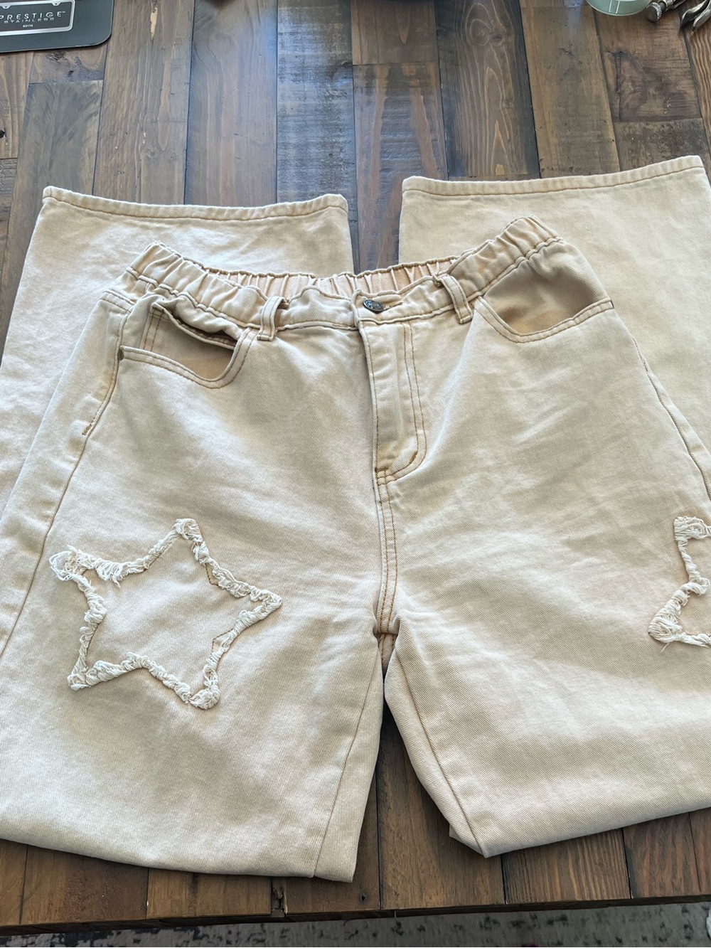 Nova Blue Star Patch Wide Leg Pants Womens L Beige Y2K Streetwear Trendy - Picture 7 of 8